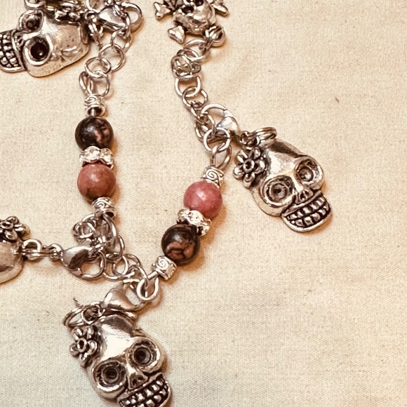 Stainless Steel Chain Link Bracelet Removable Skull Charms Round Rhodonite Beads - Picture 7 of 8